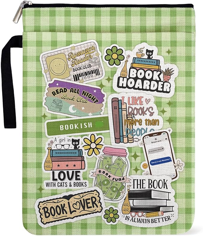 Black Cat Y2K Book Cover Gifts for Women Book Lovers Librarian Lovers Bookish Group Club, Green Checkered Collage Style Book Sleeve Pouch with Pocket Handle for Paperbacks