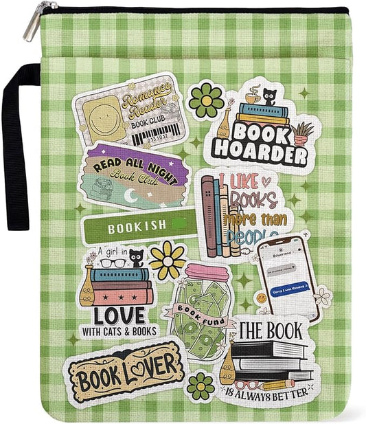 Black Cat Y2K Book Cover Gifts for Women Book Lovers Librarian Lovers Bookish Group Club, Green Checkered Collage Style Book Sleeve Pouch with Pocket Handle for Paperbacks