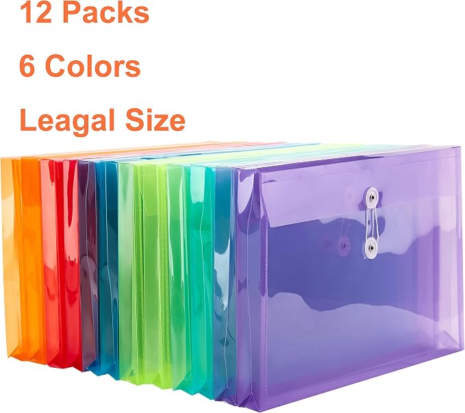 FANWU Plastic Legal Size Envelopes with String Tie Closure, 1-1/4" Expansion, Side Load, Clear File Folders Poly Project Paper Documents Organizer for Office School Home (Assorted Colors -12 P)