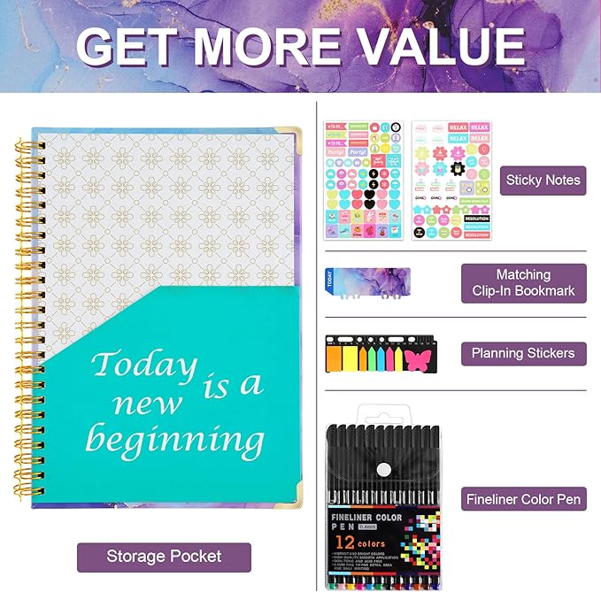 2026 Planner, Daily Weekly Monthly Planner with Tabs, 2026 monthly planner with Color Pen, Sticky Notes and Stickers, 6.2" x 8.5", Durable Twin Wire Binding, Storage Pocket - Purple Marble