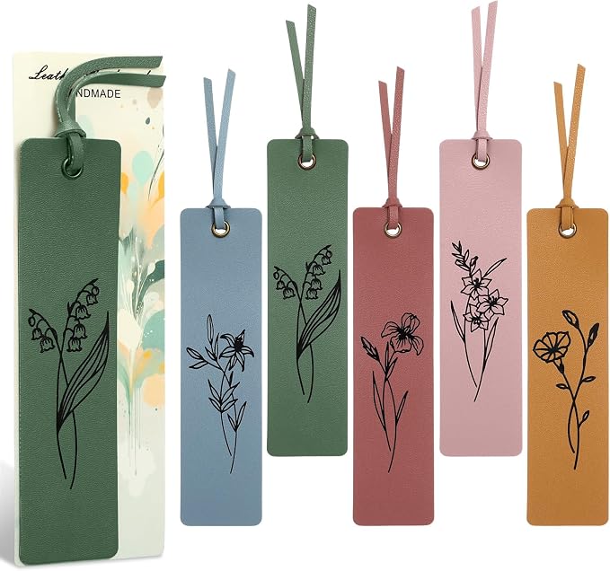 Resurhang 5 Pcs Flower Leather Bookmark for Reading with Rope Card Book Mark for Women Men Kid Floral Page Marker Gift for Book Lover Teacher School Student Bridal Shower Gift Bag(Cute Color)