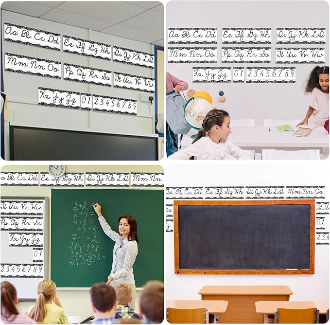 Set of 9 Cursive Writing Bulletin Board Cursive Alphabet Wall Strip for Teacher Supplies, Classroom Teaching Tool, Homeschooling, Kids Education (Composition)