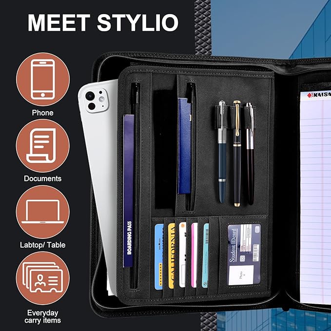 Premium Vegan Leather Padfolio with Zipper – 8.5" x 11" Portfolio Organizer for Legal Pads & Spiral Notebooks – Professional Business Folder for Men and Women (Black)