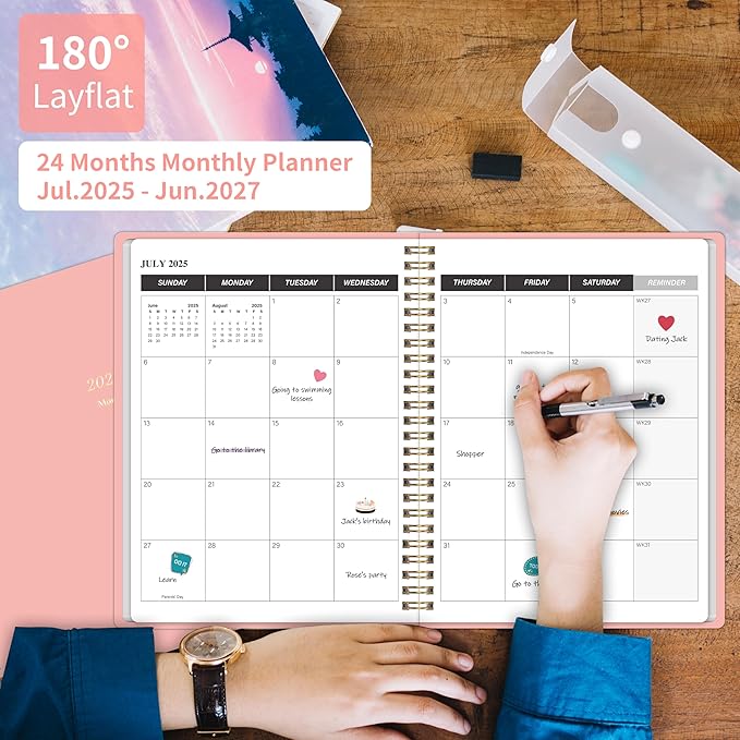 Monthly Planner 2025-2027, July 2025 - June 2027, 2 Year Calendar 2025-2027 Monthly Planner, 7.5" x 10", 24 month Calendar With Goals To Do List, Habit Tracker Suitable for Schools & Offices & Home, Pink