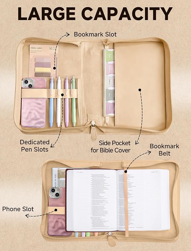 Bible Cover Case for Women, Large Bible Bag with PU Leather Hot Foil Stamping Cross Design, Journaling Kit, Bible Study Supplies Accessories, Christian Gifts for Girls & Women (Beige)