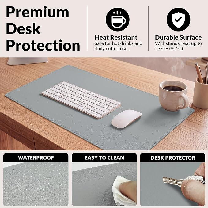 AFIING Cork Desk Mat, 35.4" x 17", Light Grey,Desk pad Protector | Dual-Sided Cork & PU Leather, Large Mouse Pad, Non-Slip & Waterproof