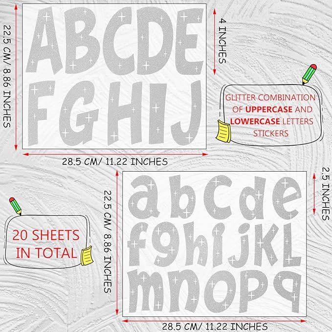 260 PCS Bulletin Board Letters 4 Inch Glitter Large Sticker Letters for Bulletin Board Self-Adhesive Alphabet Poster Board Letter for Classroom Home School Decor(Silver)