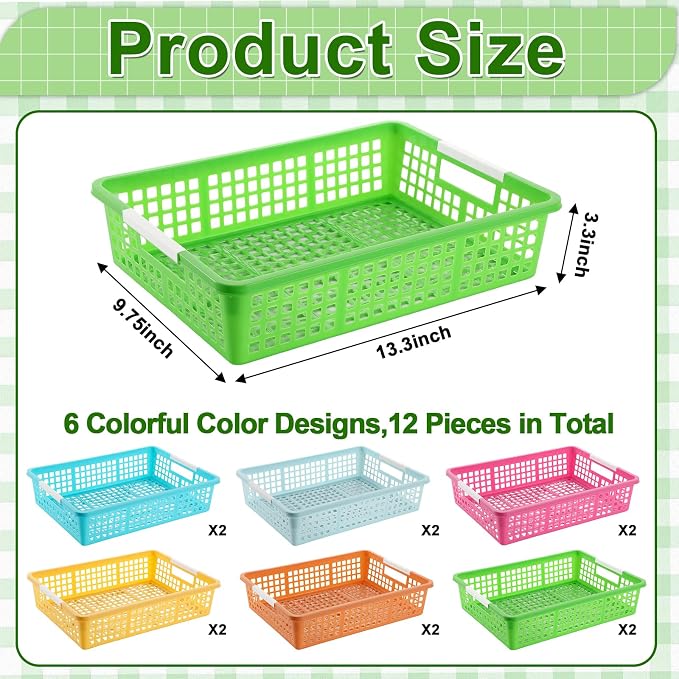 12 PCS Plastic Classroom Turn in Paper Trays Storage Bin Basket Organizers Holds 4A Paper File for School Teacher Supplies Classroom Office Home Organization and Storage Tray (Bright)
