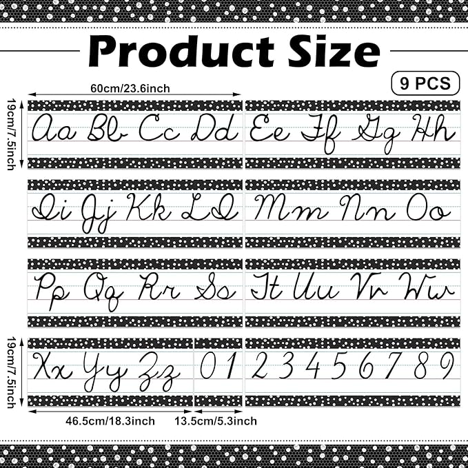 Set of 9 Cursive Writing Bulletin Board Cursive Alphabet Wall Strip for Teacher Supplies, Classroom Teaching Tool, Homeschooling, Kids Education(Black Dot)