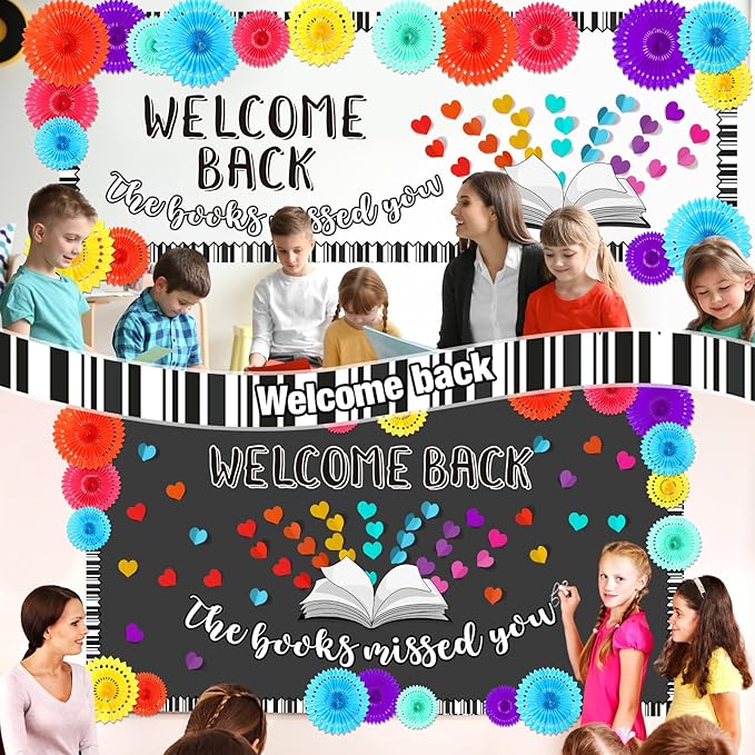 Qilery 83 Pcs Bulletin Board Set Welcome Back the Books Missed You Bulletin Board Decoration Cutout Back to School Classroom Decoration for Home School Library(Book)