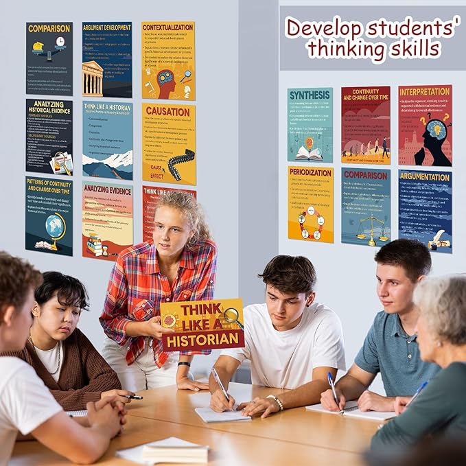 Pajean 16 Pcs Think Like a Historian Posters Social Studies Classroom Decorations Thinking Posters Bulletin Board Set for Middle High School Office Home Classroom Supplies