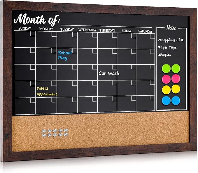 4 THOUGHT Chalkboard Calendar Corkboard Combo, 24" x 18" Bulletin Board Magnetic Calendar Chalkboard for Wall Monthly Planner Combination Board Rustic Brown Frame 4 Markers 8 Magnets 10 Pushpins