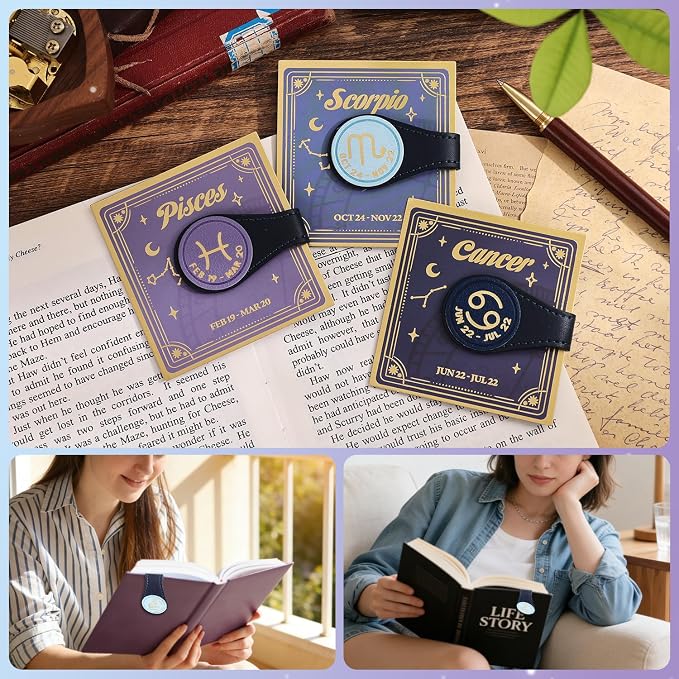 3 PCS Leather Magnetic Bookmark Clips, Zodiac PU Leather Bookmarks for Book Lovers, Full Set of Book Clip Accessories, Water Sign