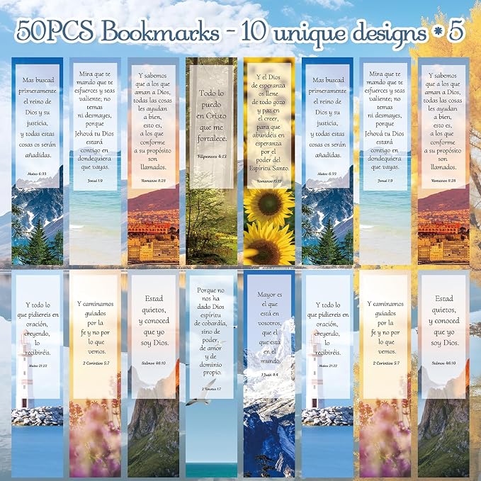 Wxiben Spanish Christian Bookmarks Gifts - 50PCS Bible Verse Scripture Bookmarks Religious Inspirational Book Marks Scenery Page Markers Clip for Book Lovers Students Teachers Reading Christian Gifts