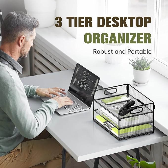 DALTACK 3 Tier Paper Organizer with Handle, Mesh Metal Desk Organizer with Sliding Paper Trays for Letter/A4 Paper, Mail, Bills & Folders, Black 2 Pack