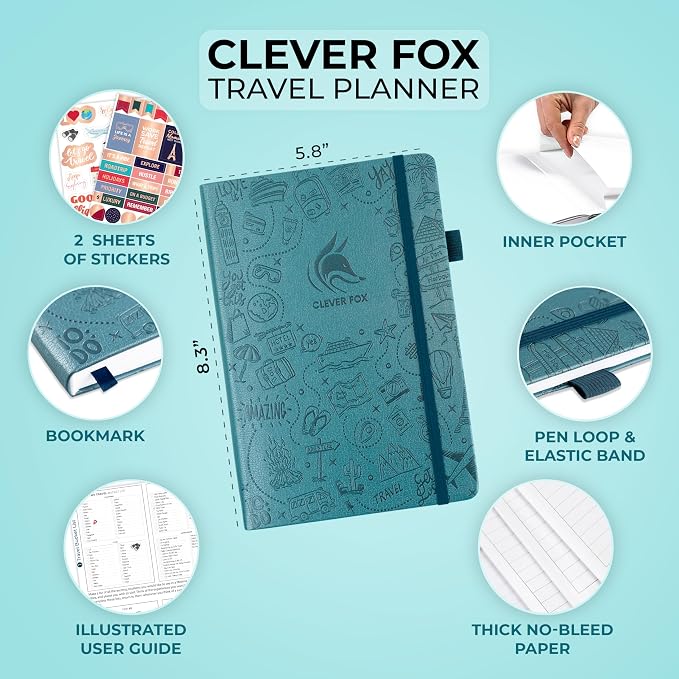 Clever Fox Travel Journal - Itinerary Travel Planner Organizer for Women, Men and Couples, Travel Log Journal, Lasts 5 Trips, A5 (Aquamarine, A5 (5.8" x 8.3"))