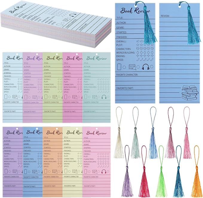 50 Pcs Colorful Book Review Bookmarks with 50 Bookmark Tassels Book Tracker Reading Log Page for Readers Bookish Gift, Reading Page Tracker for Students Teachers Women