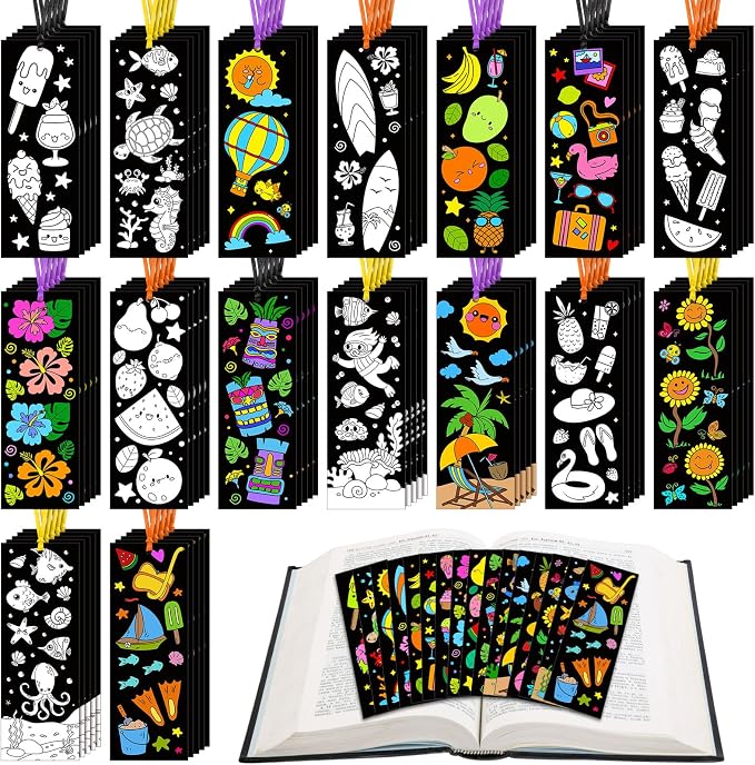 Frienda 80 Pcs Summer Color Your Own Bookmarks with Ribbon Bulk DIY Coloring Crafts Beach Ice Cream Ocean Fruit Sun Bookmark Blank Paint Decorate for Teacher Summer Party Gift Tags