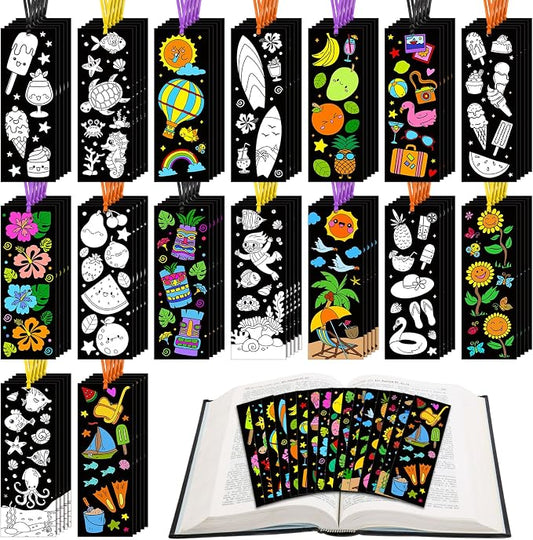 Frienda 80 Pcs Summer Color Your Own Bookmarks with Ribbon Bulk DIY Coloring Crafts Beach Ice Cream Ocean Fruit Sun Bookmark Blank Paint Decorate for Teacher Summer Party Gift Tags