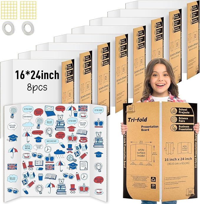 8 Pack Trifold Poster Board 24 X 16 Inch, IKAYAS White Poster Boards, Science Fair Display Boards Posterboard Presentation Boards for Prints, Art, Display, Projects Classroom Supplies