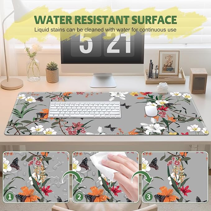 Desk Pad for Keyboard and Mouse, Large Mouse Pad for Desk, Non-Slip Keyboard Mat, Computer Mats for Desk, Desk Pad with Stitched Edges for Office, Gaming I Gray Wild Grass Flowers