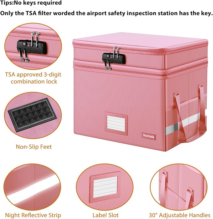 DocSafe File Box with Lock,Multi-Layer Fireproof Document Box Collapsible File Storage Organizer with Pockets/Handle,Large Portable Home Office Filing Safe for Hanging Letter/Legal Size Folders,Pink
