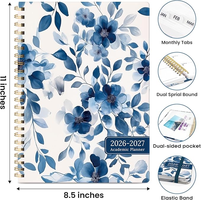 Academic Planner 2026-2027, Weekly and Monthly Calendar Book, July 2026 – June 2027, Hardcover Planner with Tabs, Perfect for Teachers, Students, Women & Men, A4 (8.5" x 11") - Watercolor Petal