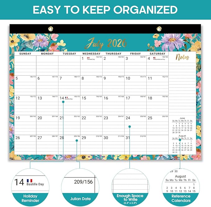 Desk Calendar 2026-2027, 18-Month Calendar Runs from July 2026 to December 2027, Large 17" x 12" Monthly Desktop & Wall Calendar for Home & Office - Floral