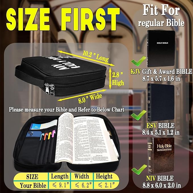 My Holy Bible Case, Practical Bible Cover Case with Handle, Pockets, Pen Slots, 10” x 8” Portable Bible Carrier Bag Fit Medium to Small Bibles Christian Church Gifts for Boys Girls Men Women