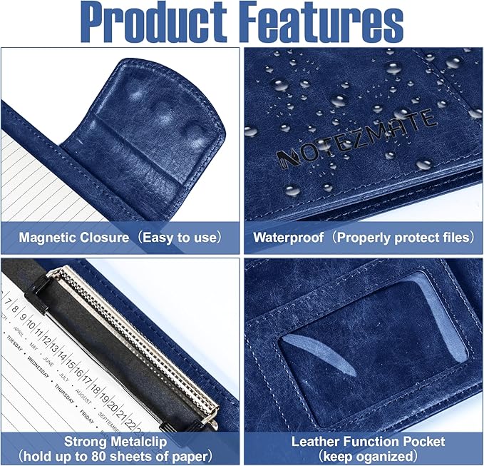 DIN A4 PU Leather Portfolio Folder Binder, Legal Pad Holder for A4 Letter Size Notepad, Magnetic Closure Business Clipboard with Cover Professional with 2 Pen for Men Women, Dark Blue