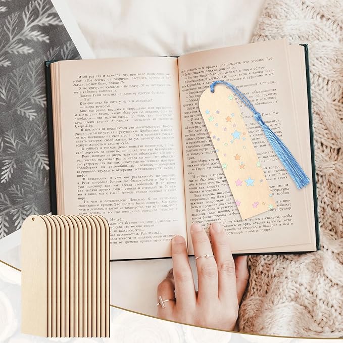 50 PCS Wooden Bookmarks with 50 PCS Multi-Color Tassels,4.7x1.2 in Blank Bookmark DIY Bookmarks,Book Mark Craft for Christmas, Valentine’s Day, Birthdays