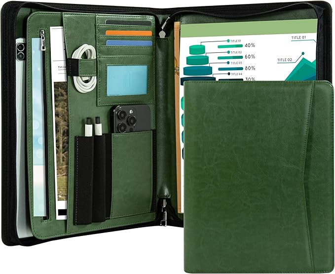 Calfinder Portfolio Folder with Zipper,Leather Padfolios for Women&Men,Professional Portfolio Binder with A4 Writing Pad Holder, Business Organizer for Resume/Interview