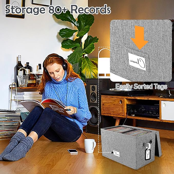 Woodoulogy Vinyl Record Storage Box Set of 2 - for 7"/45 RPM LPs, Grey Case with Lid Holds up to 160 Albums, CD Crate Play Music Holder, File Folder Cabinet Organizer Case with Handle