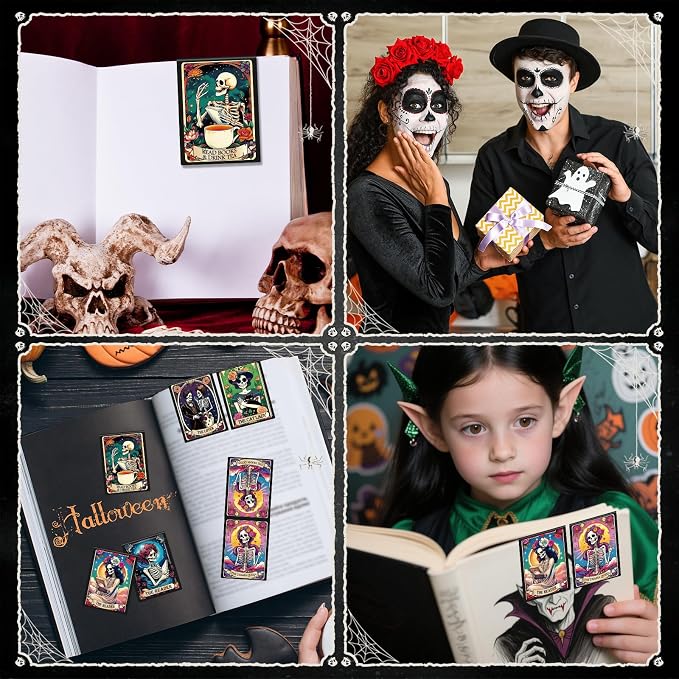 Tarot Skeleton Magnetic Bookmark Gifts - Wxiben 8 Pcs Gothic Skeleton Bookmarks Magnetic for Women Funny Skull Flower Magnets Book Markers Page Clip Gifts for Women Students Teacher Reader Office