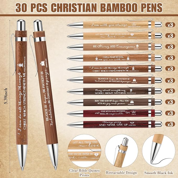 Gueevin 30 Sets Father's Day Christian Church Gift Bulk Bible Verse Bamboo Pens Religious Bookmarks and Scripture Silicone Keychains, Father's Day Thank You Gifts for Men
