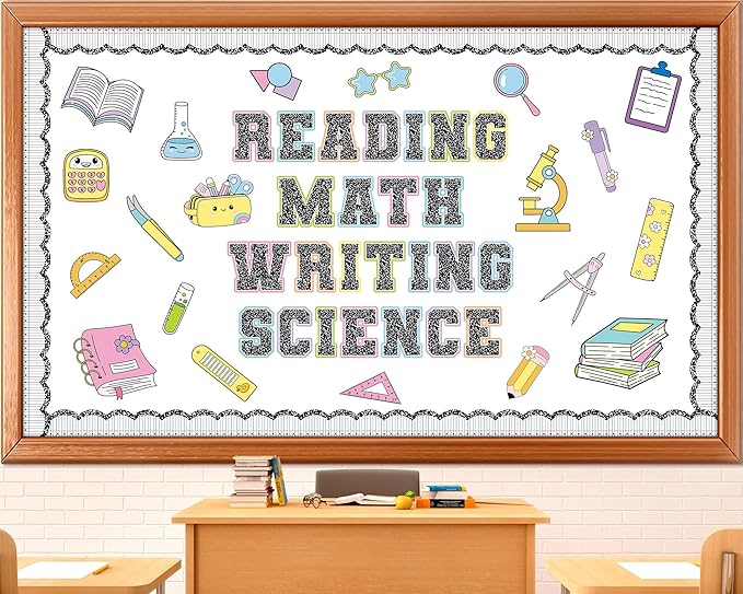 Core Subjects Bulletin Board Set Composition Notebooks Classroom Decoration Reading Math Writing and Science Bulletin Board Core Subjects Pattern Signs Cutouts for Back to School Chalkboard Wall Decor