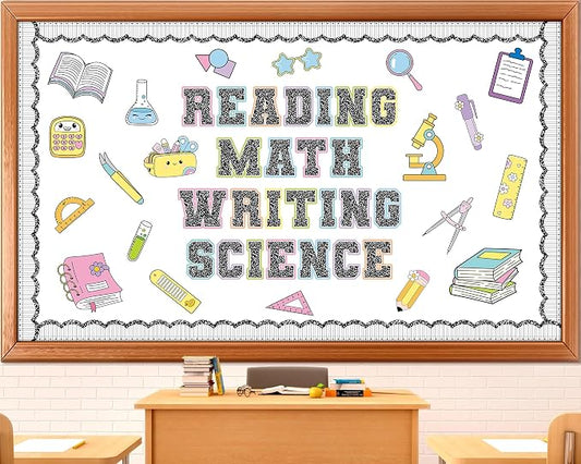 Core Subjects Bulletin Board Set Composition Notebooks Classroom Decoration Reading Math Writing and Science Bulletin Board Core Subjects Pattern Signs Cutouts for Back to School Chalkboard Wall Decor