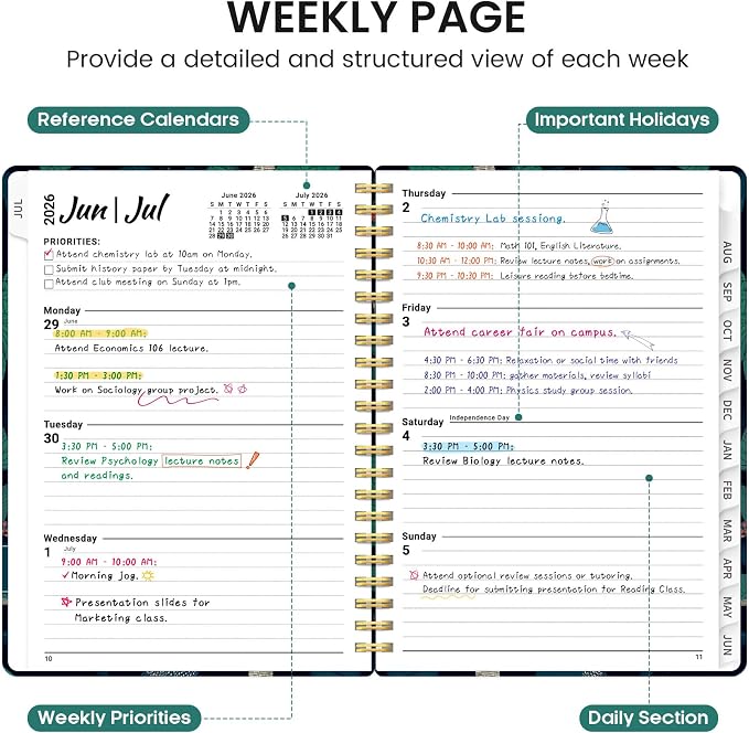 Planner 2026-2027, Academic Monthly and Weekly Calendar Planner for Women, July 2026 - June 2027, Hardcover Pretty Agenda Planner Book with Tabs, Spiral Daily Organizer for School Office Home Supplies, 6.3" x 8.5" - Midnight Aviary