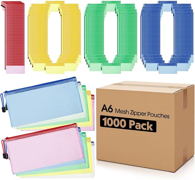 Handepo 1000 Pieces A6 Mesh Zipper Pouch Bulk, Pencil Storage Pouches Mesh Cosmetics Bag Waterproof Reusable File Folder Case for School Office Travel Supplies Organization (Solid Color Pouch)