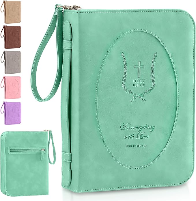 Leather Bible Cover for Women – Large Zippered Case with Handle and Pockets, Floral Book Protector for Study or Church, Christian Gift for Girls and Women, Large Size Bibles (Green)