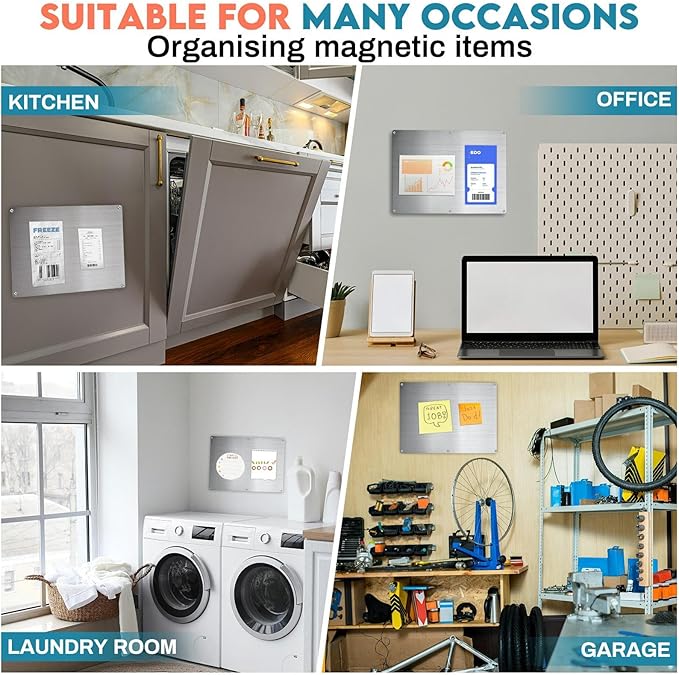 MorningRo 2 Pack Magnetic Board for Wall for Magnets 17.5" x 11.5" and 9.5"x 6.5" Stainless Iron Plate with Back Adhesive Mounting Screws for Bulletin Board Magnets Spice Jar Wall Fridge Display