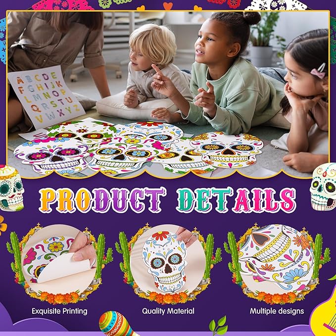 TaoBary 24 Pcs Day of The Dead Decorations Sugar Skull Cutouts Paper 7.09 Inch Dia De Muertos Party Decorations Sugar Skull Bulletin Board Decor for Mexican Halloween Classroom Altar Wall Crafts