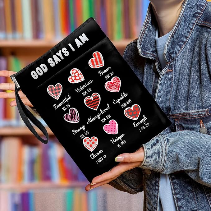 Book Cover Christian Inspired Gift, God Says I AM- Reusable Book Pouch, Christian Book Sleeve Bible Verse Sleeve for Book Lovers (Black-GOD SYAS, Large)