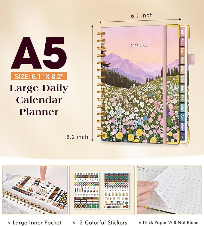 Academic Planner 2026-2027, Hardcover Weekly and Monthly Calendar Planner from July 2026 - June 2027, 6.1" x 8.2" A5 Daily Agenda with Tabs, College School Organizer for Student Teacher, Wildflower Mountainside