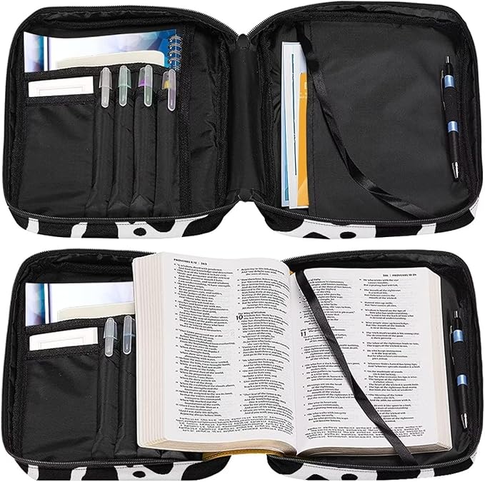Suobstales Cow Print Bible Cover Carrying Book Case for Women Girls Black White Animal Pattern Bible Bag Bible Protective with Handle and Zippered Pocket