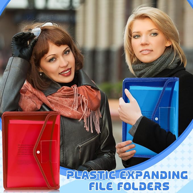 4 Pack A4 Expanding Plastic File Folders Waterproof Document Organizer with Snap Button Multiple Pockets, Office Home Office Storage (4 Color)
