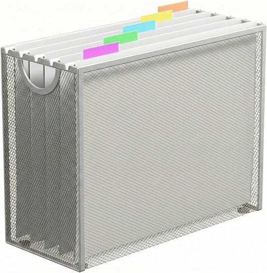 Hanging File Organizer, Letter-Size File Holder Filing Box with 5 Hanging Folders, Metal Mesh Desk File Folder Storage(No Assembly Required) (Silver, with 5 Grey Folders)