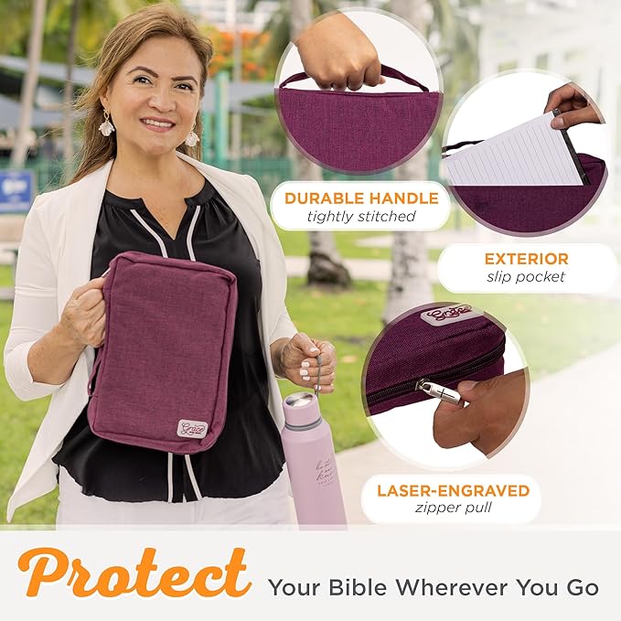 Christian Art Gifts Value Poly-Canvas Bible Cover Case for Women: Grace Upon Grace - John 1:16 Inspirational Scripture w/White Rubber Badge, Pocket, Pen Loops to Organize Accessories, Plum, Medium