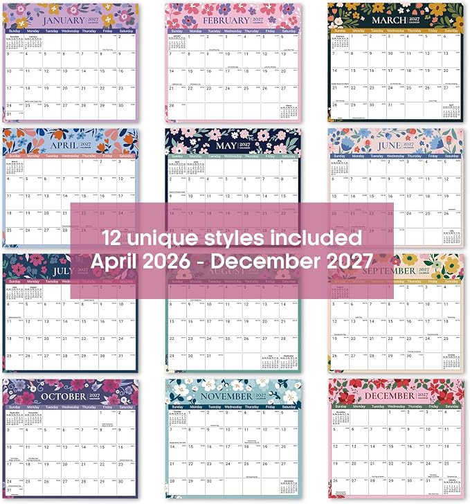 Aesthetic 2026-2027 Magnetic Calendar for Refrigerator, 21-Month Fridge Calendar Magnet from April 2026 to December 2027, Easy Organizing，Twilight Petals
