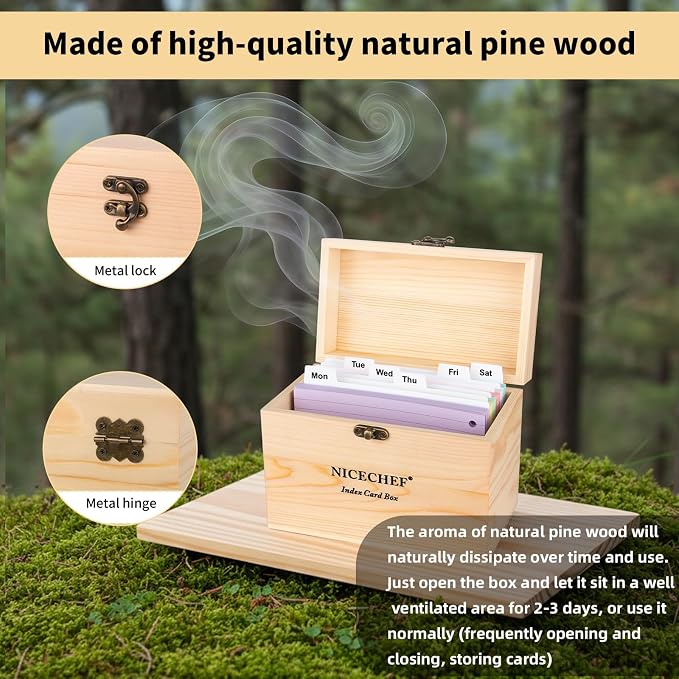 Index Card Holder 4x6, Wooden Recipe Box with 300 PCS Flash Cards Card Organizer,12 White Dividers, 6 Metal Rings, 2 Sticker, for Office, Business, Flashcard Notecard Holders for Home Office
